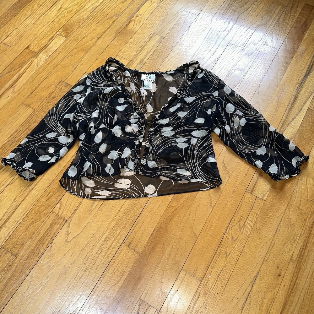 VTG Y2K Beaded Silk 3/4 Sleeve Sheer Top Cardigan Ethereal‎ 90s Grunge Babydoll